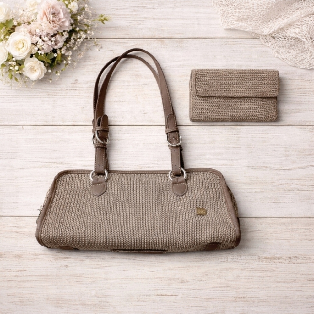The Sak Crochet Shoulder Bag + Wallet Set Taupe Boho Cottagecore